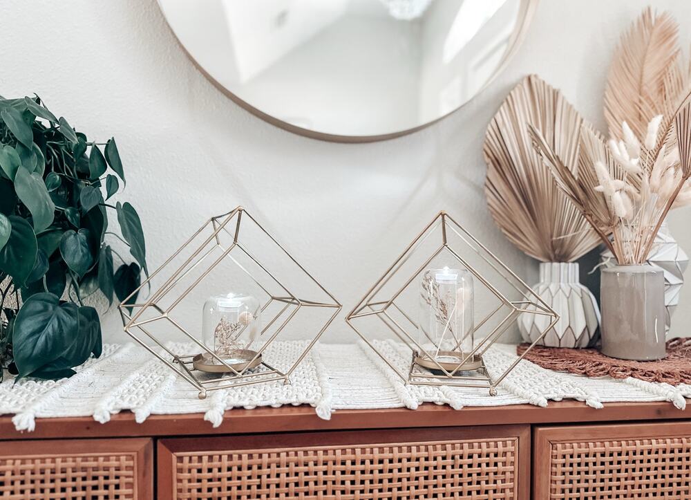 Urban Outfitters 2 Gold Geometric Boho Pillar Candle Holders minimalist decor